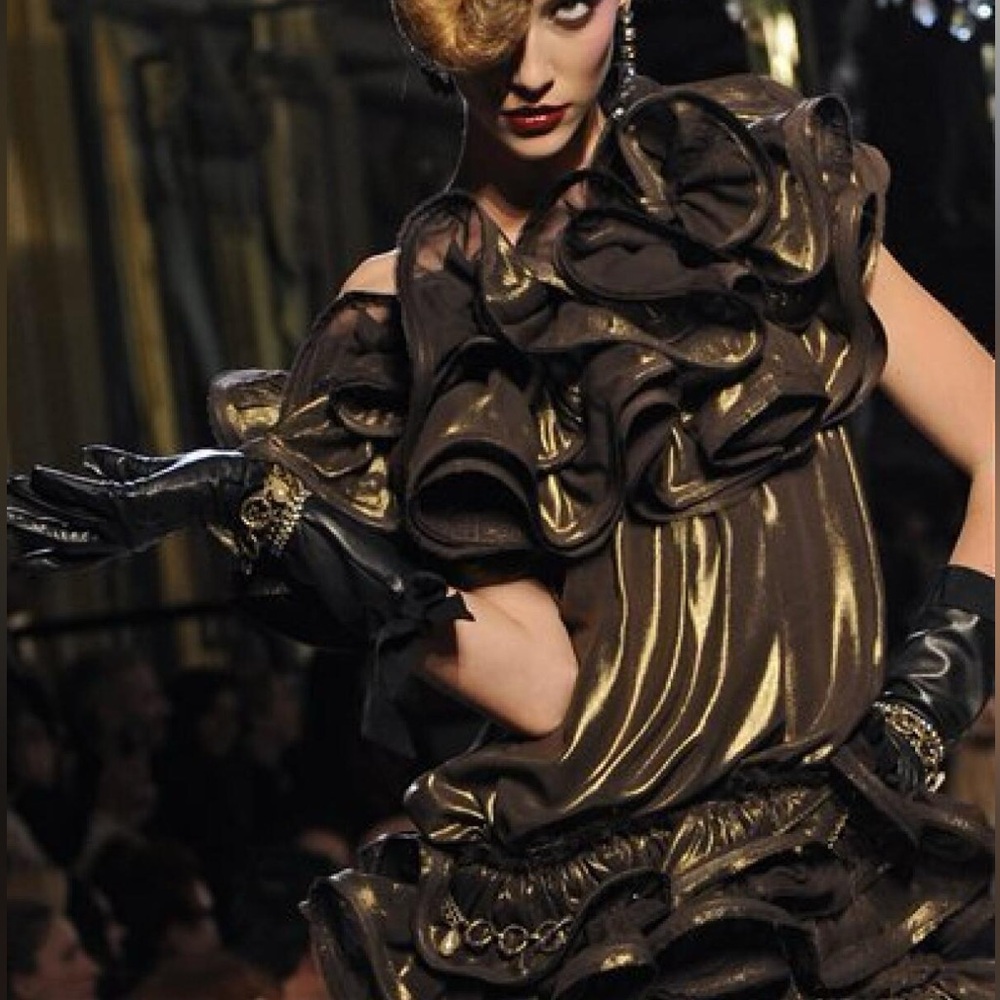 Lanvin Metallic Chocolate Brown Ruffled Mini Dress